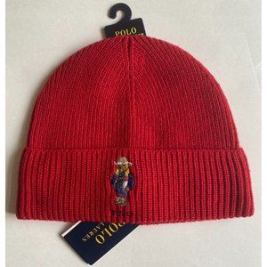 New Polo Ralph Lauren Solid Holiday Bear Beanie - Polo Red/ Sun Valley Bear